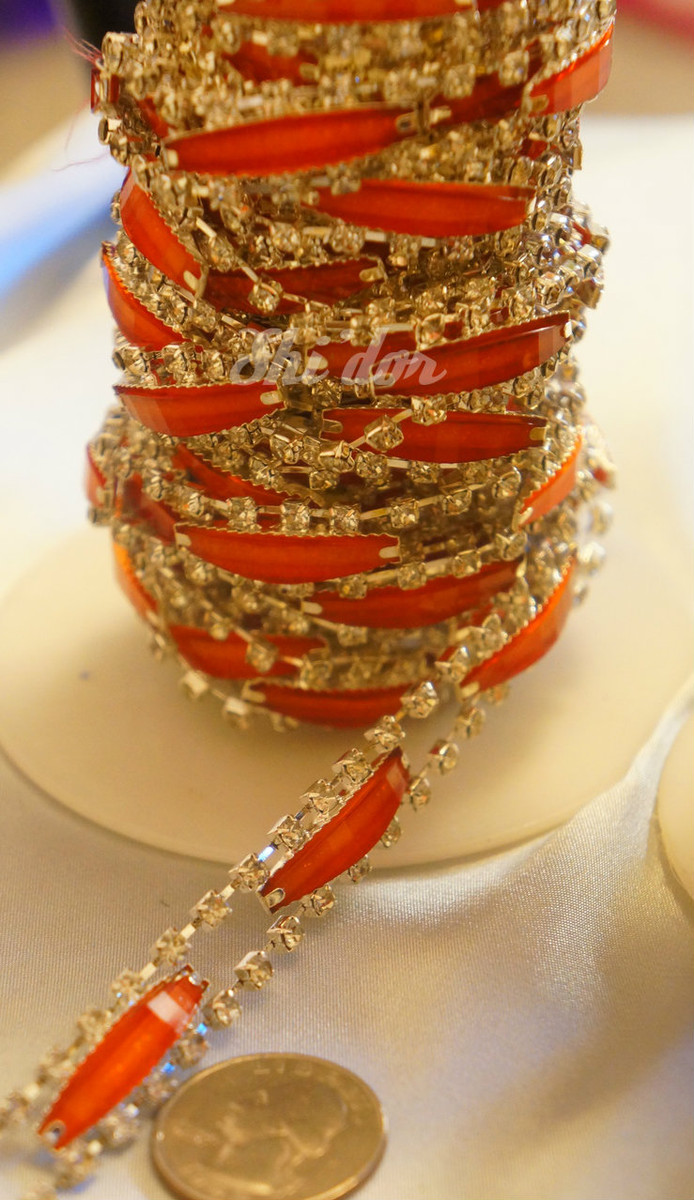 Rhinestone Trim - Orange Rectangle Diamond Trim - Per Yard